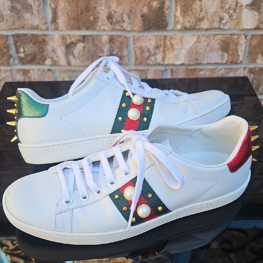 Gucci Ace White Calfskin Pearl & Spike Sneakers Sz. 38 1/2